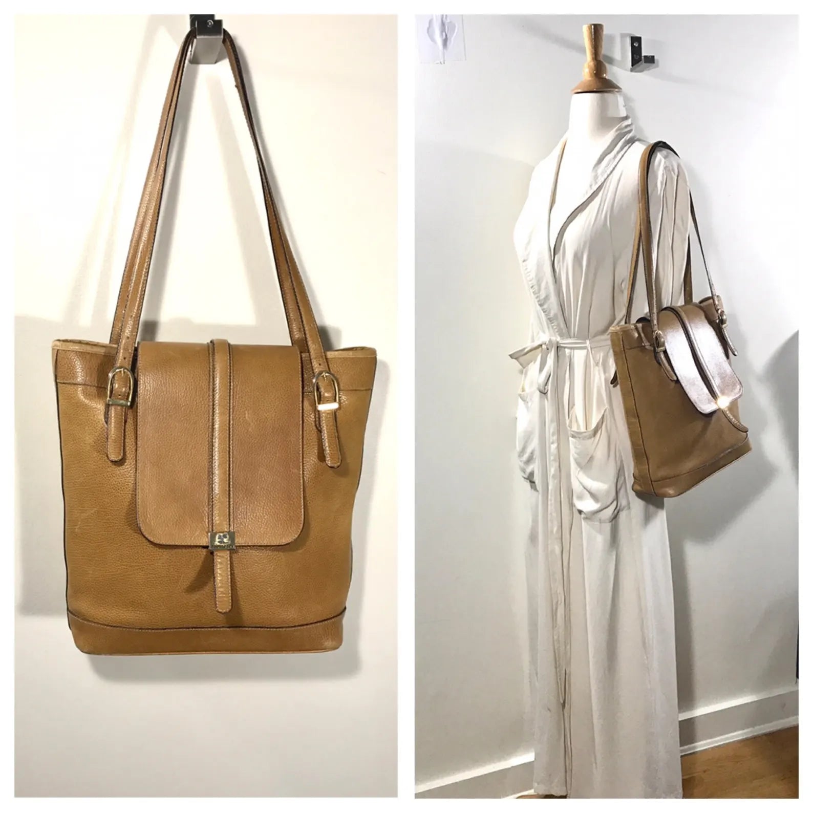 Vintage Tan Pebble Leather Adjustable Strap Flap Bucket Tote Bag