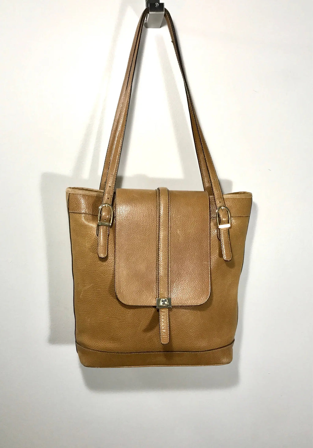 Vintage Tan Pebble Leather Adjustable Strap Flap Bucket Tote Bag