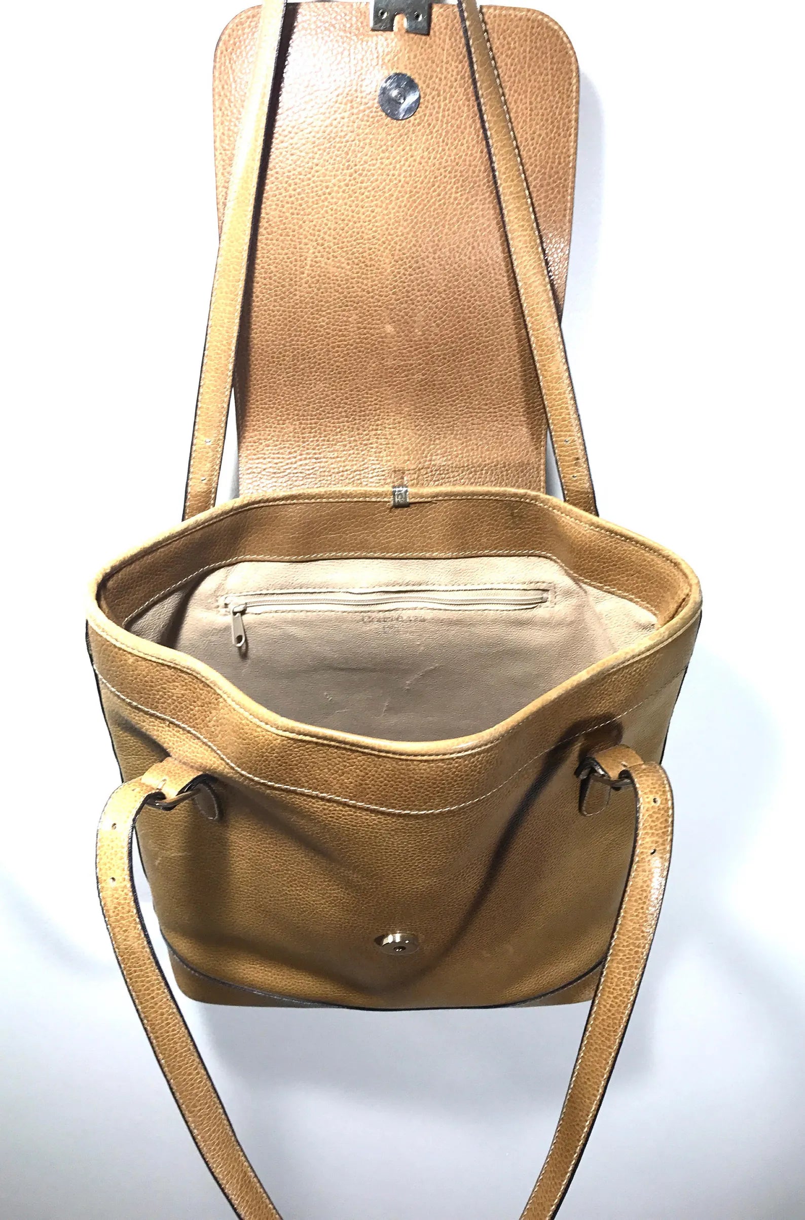 Vintage Tan Pebble Leather Adjustable Strap Flap Bucket Tote Bag