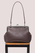 Minimalist Dark Pebble Leather Kiss Lock Frame Shoulder Clutch Bag