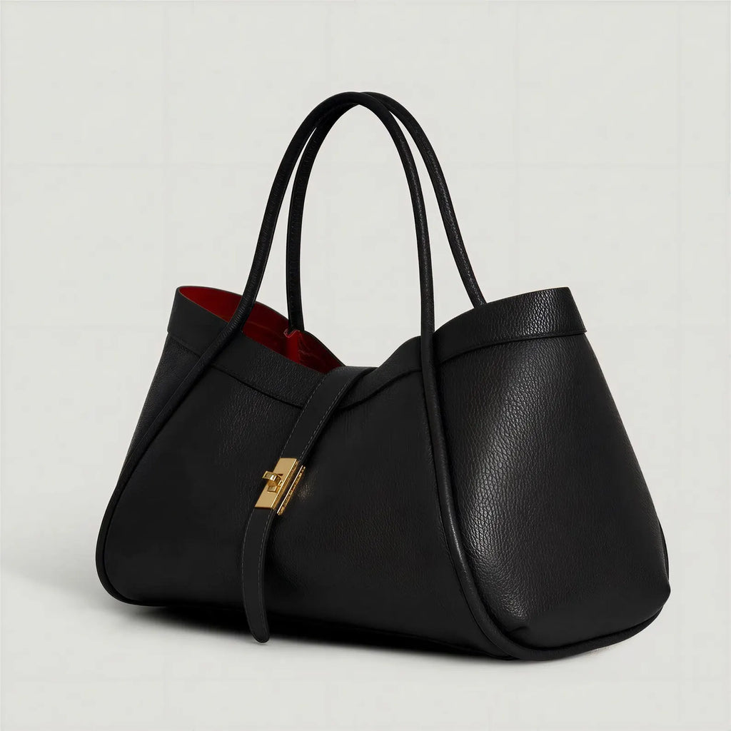 Elegant Black Pebble Leather Snap Lock Large Tote Bag With Adjustable Crossbody Strap