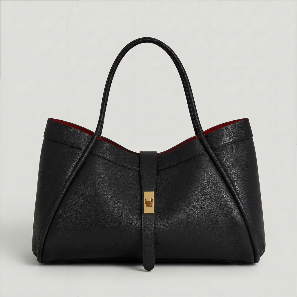 Elegant Black Pebble Leather Snap Lock Large Tote Bag With Adjustable Crossbody Strap