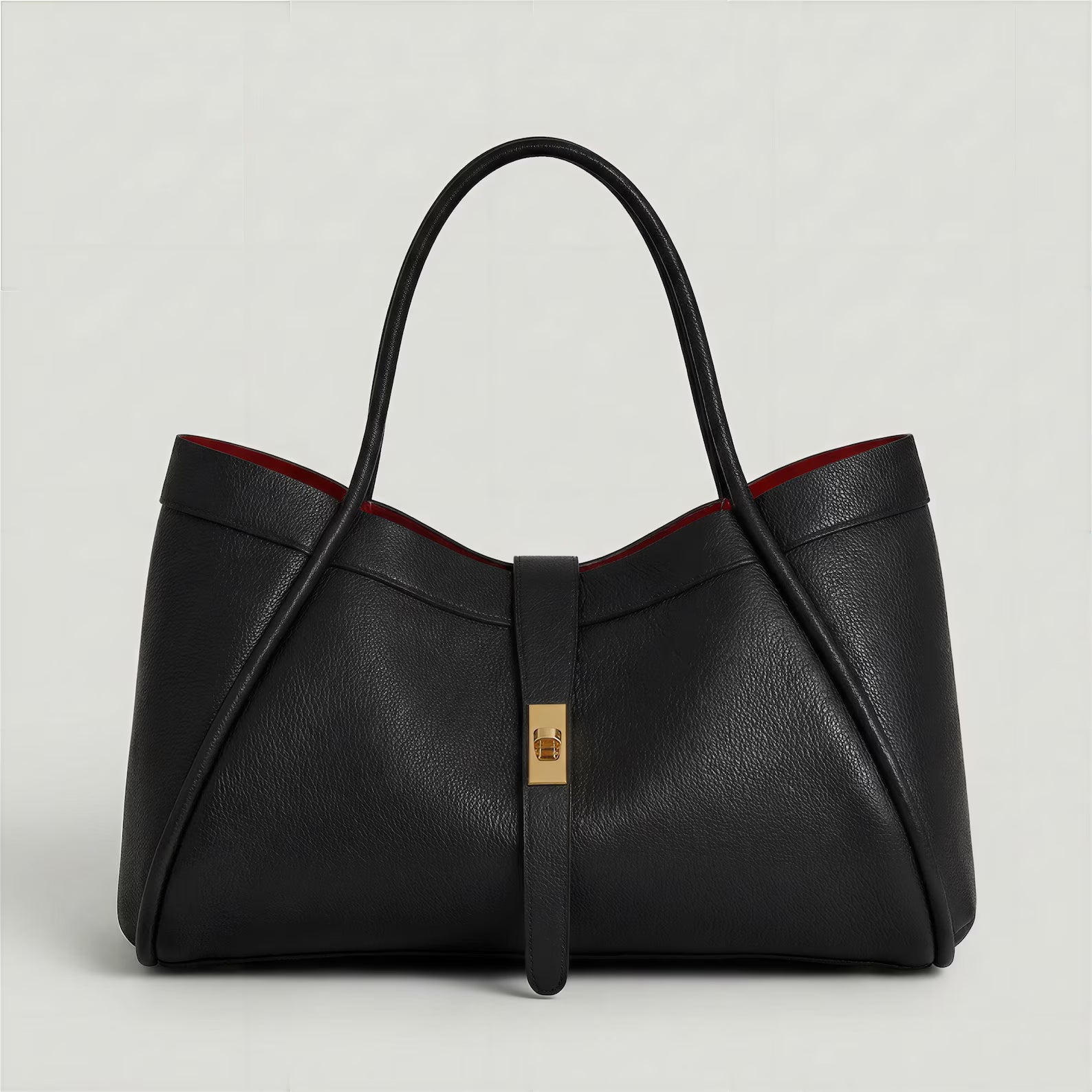 Elegant Black Pebble Leather Snap Lock Large Tote Bag With Adjustable Crossbody Strap