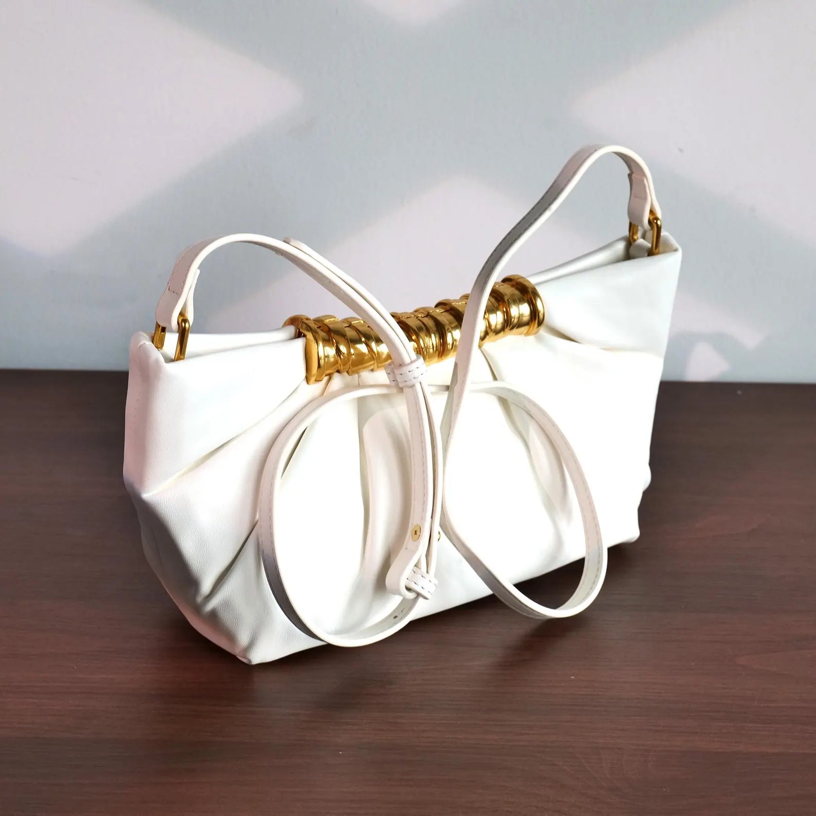 Elegant White Ruched Faux Leather Gold Hardware Shoulder Crossbody Clutch Bag