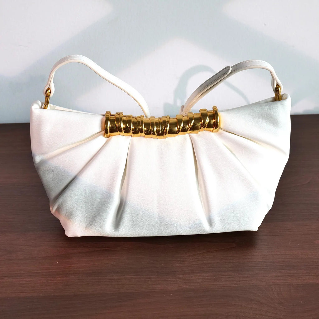 Elegant White Ruched Faux Leather Gold Hardware Shoulder Crossbody Clutch Bag