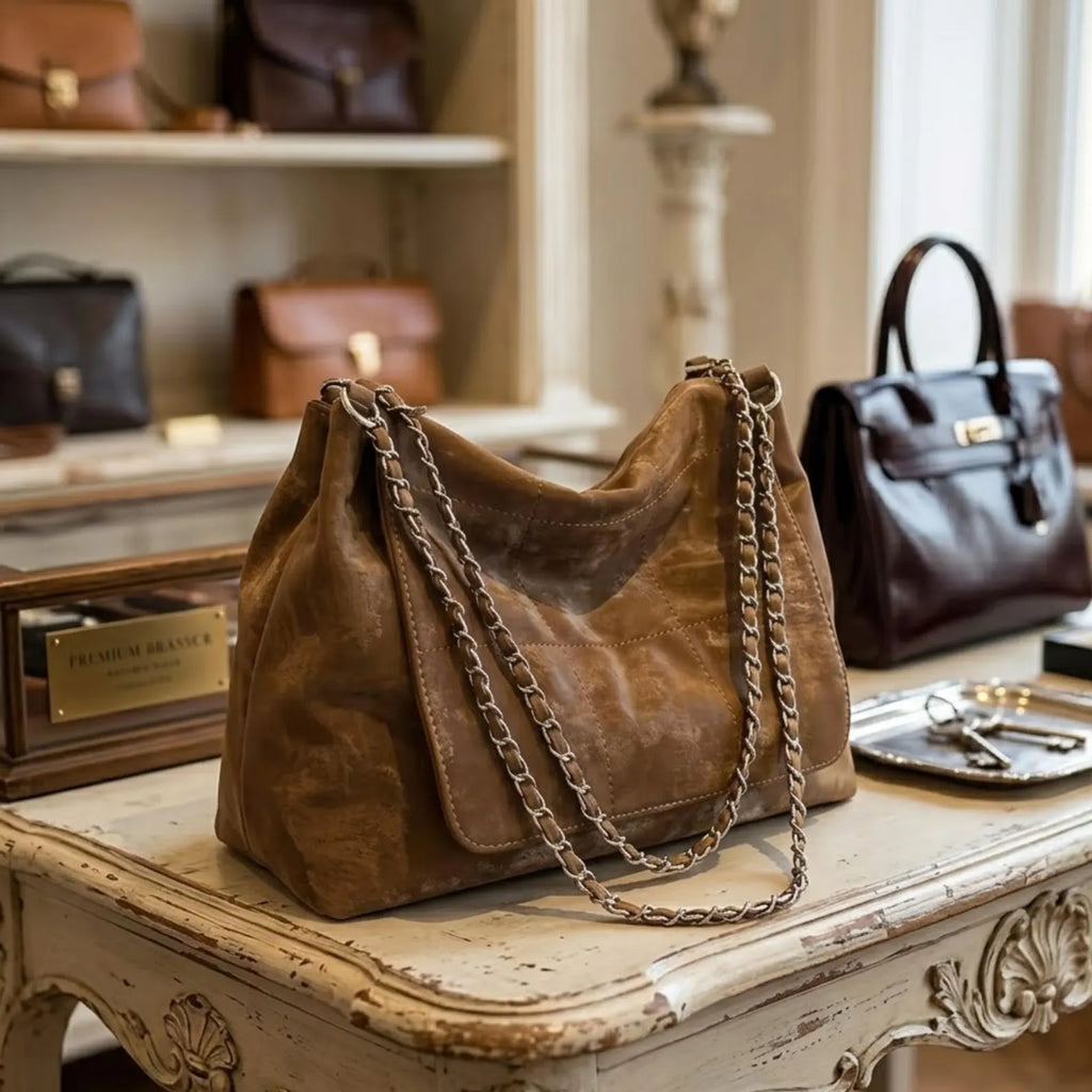 Vintage Distressed Brown Quilted Leather Chain Shoulder Tote Bag