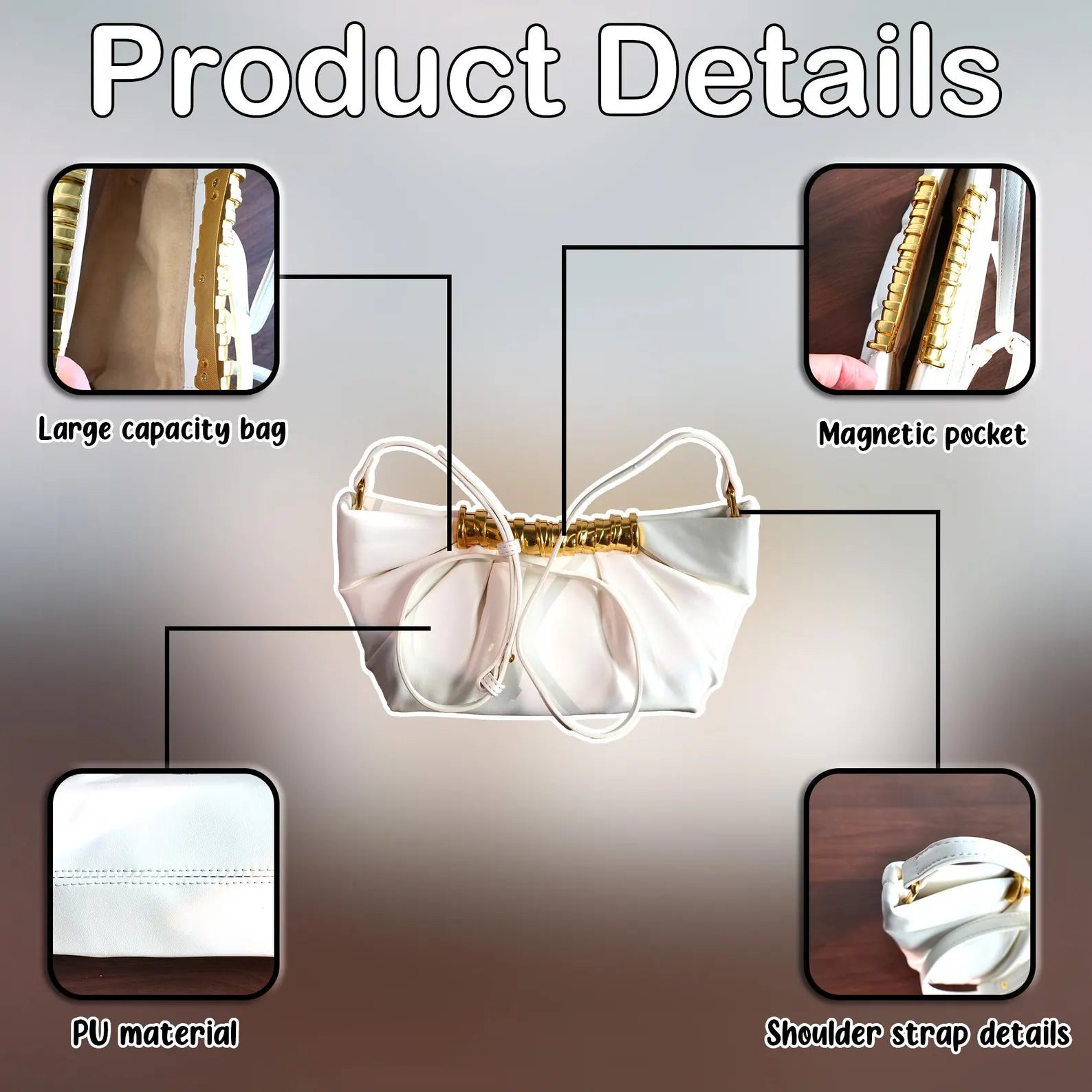 Elegant White Ruched Faux Leather Gold Hardware Shoulder Crossbody Clutch Bag