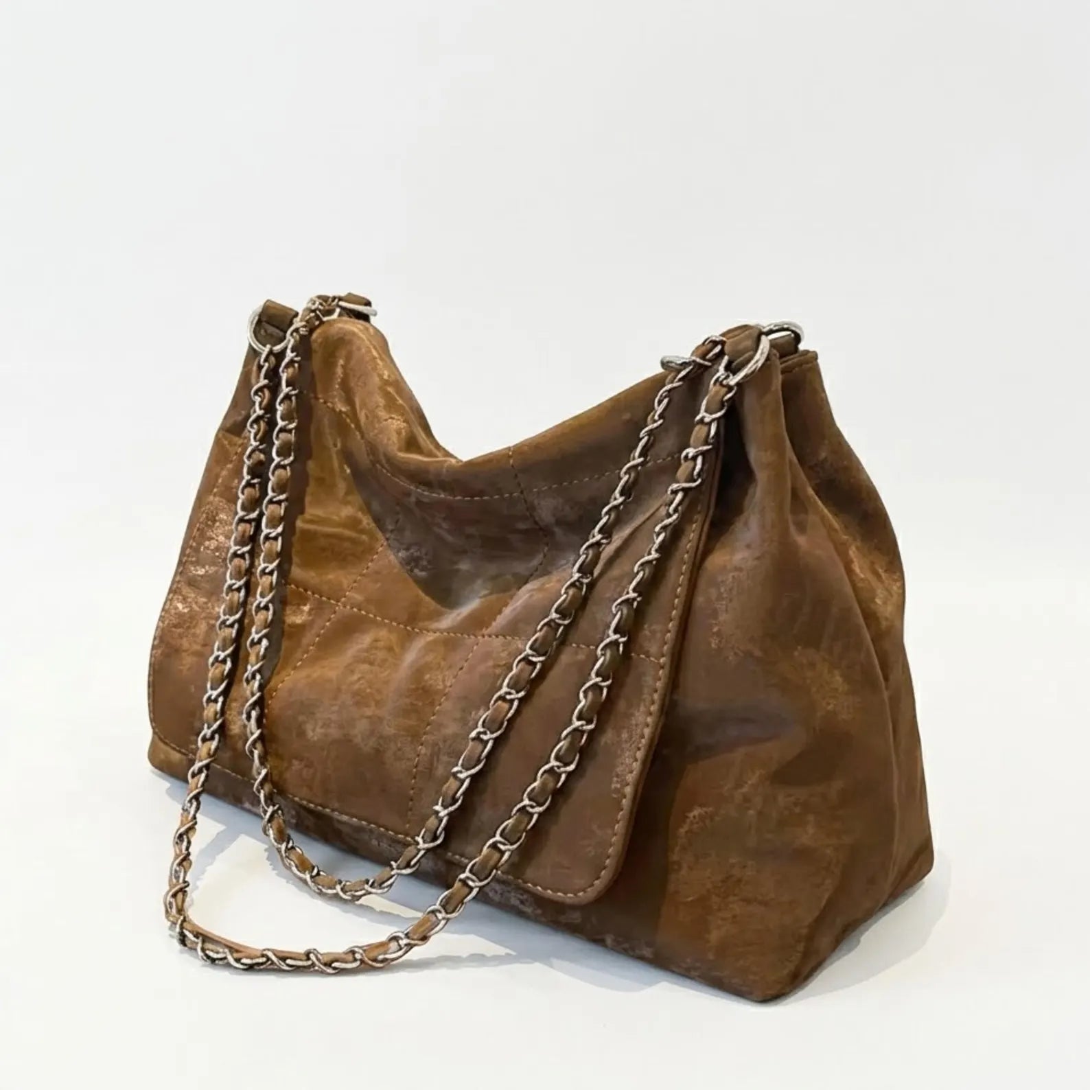 Vintage Distressed Brown Quilted Leather Chain Shoulder Tote Bag