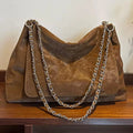 Vintage Distressed Brown Quilted Leather Chain Shoulder Tote Bag