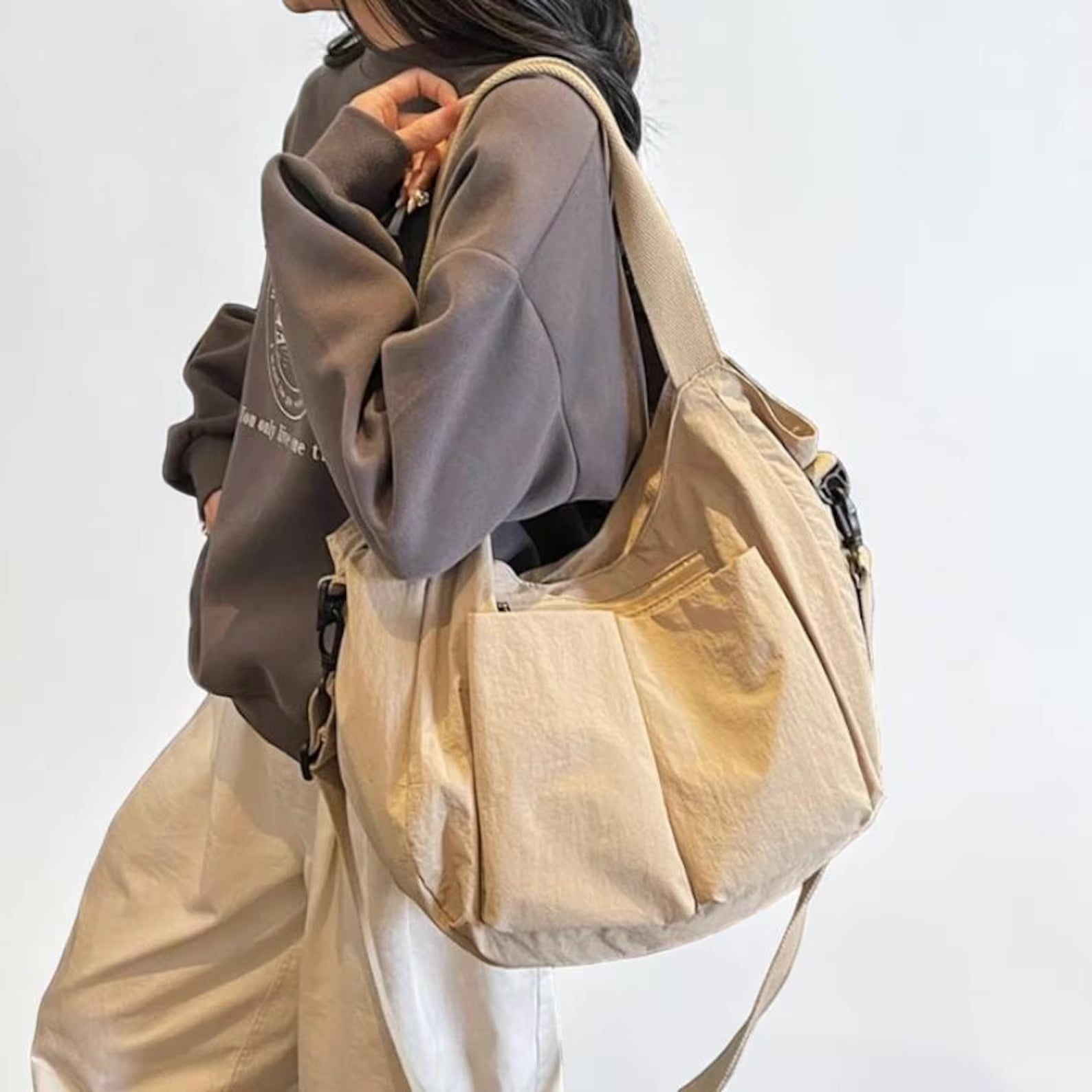 Casual Beige Multi-Pocket Nylon Convertible Shoulder Crossbody Tote Bag