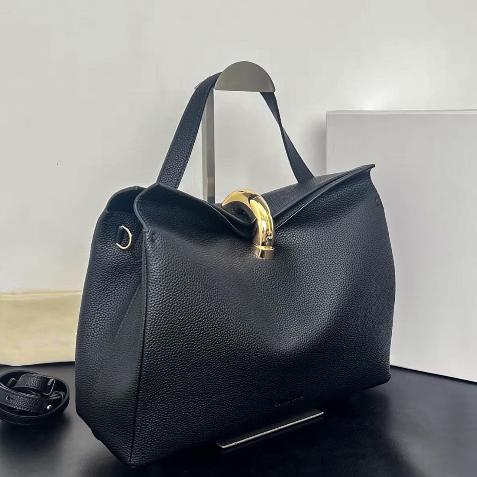 Elegant Black Grain Cow Split Leather Metal Buckle Convertible Tote Bag
