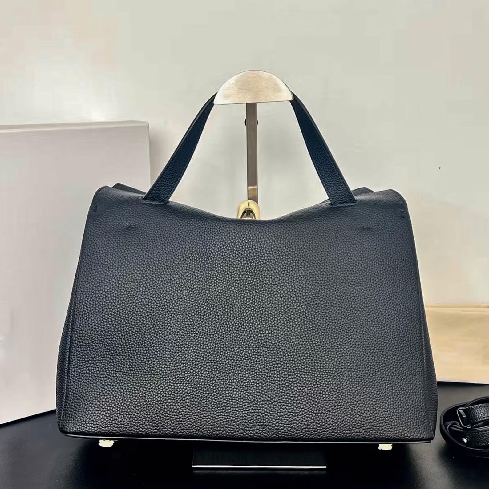 Elegant Black Grain Cow Split Leather Metal Buckle Convertible Tote Bag