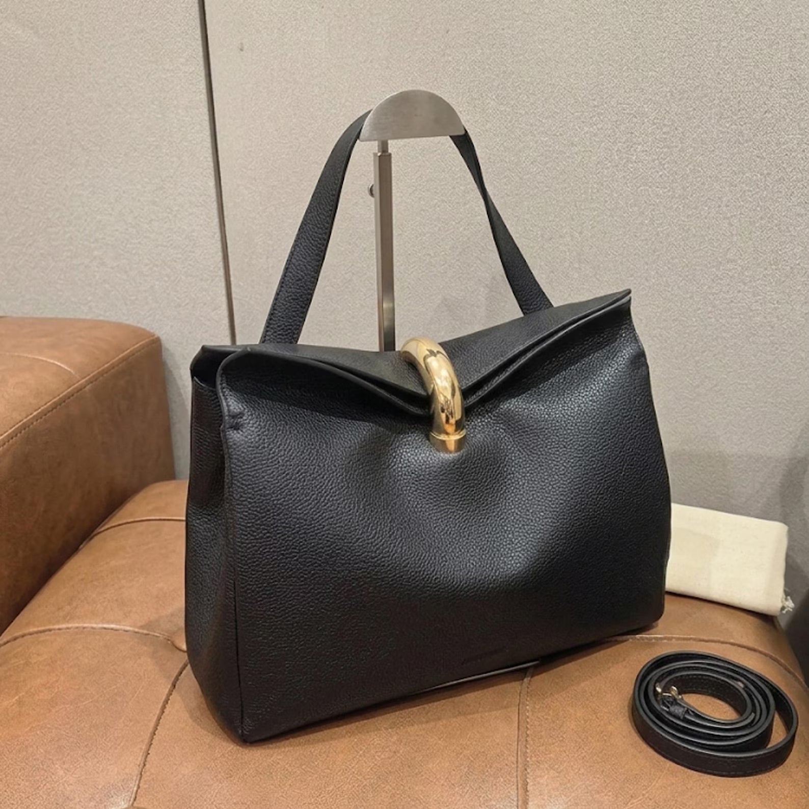 Elegant Black Grain Cow Split Leather Metal Buckle Convertible Tote Bag