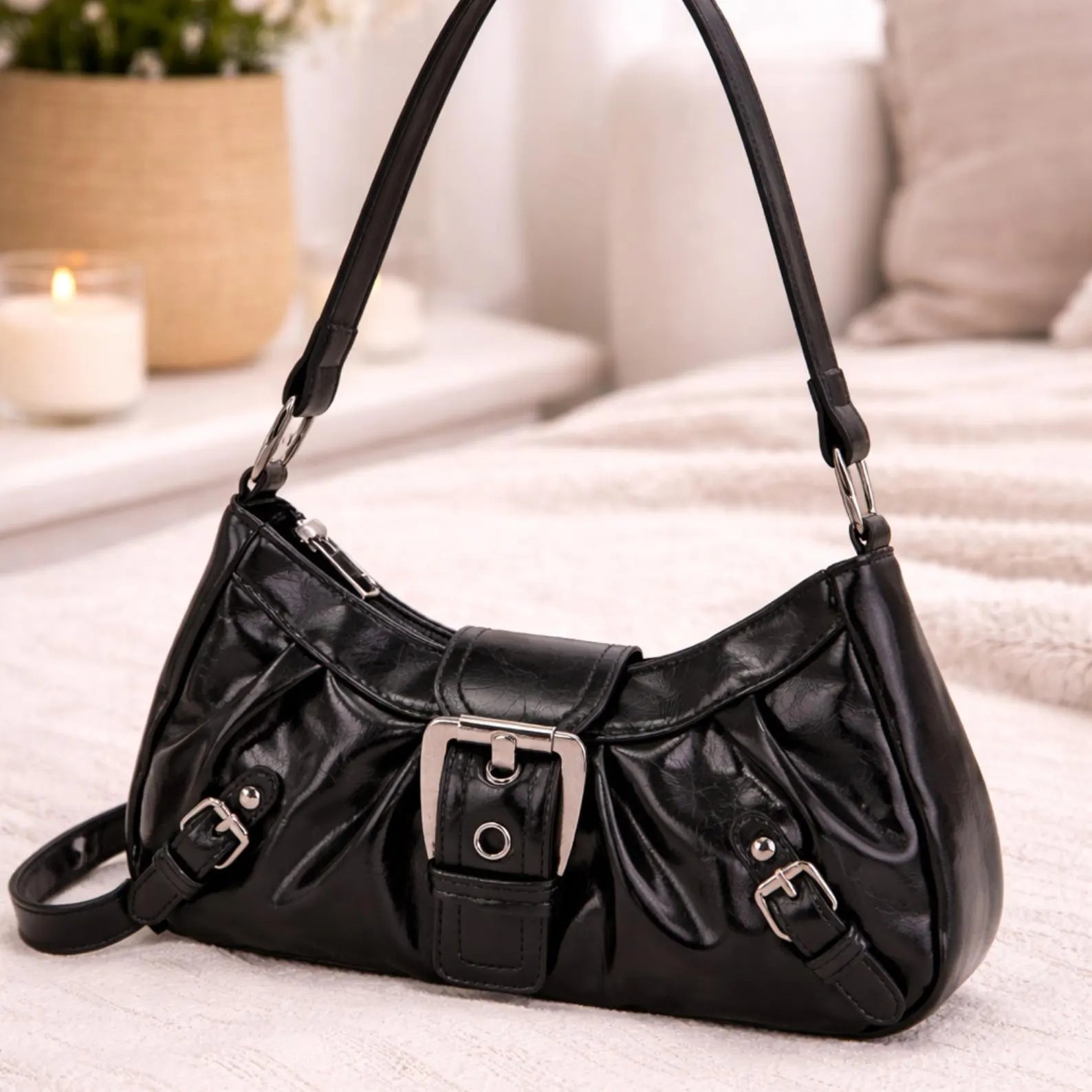 Y2K Ruched Black Faux Leather Buckle Baguette Shoulder Crossbody Bag