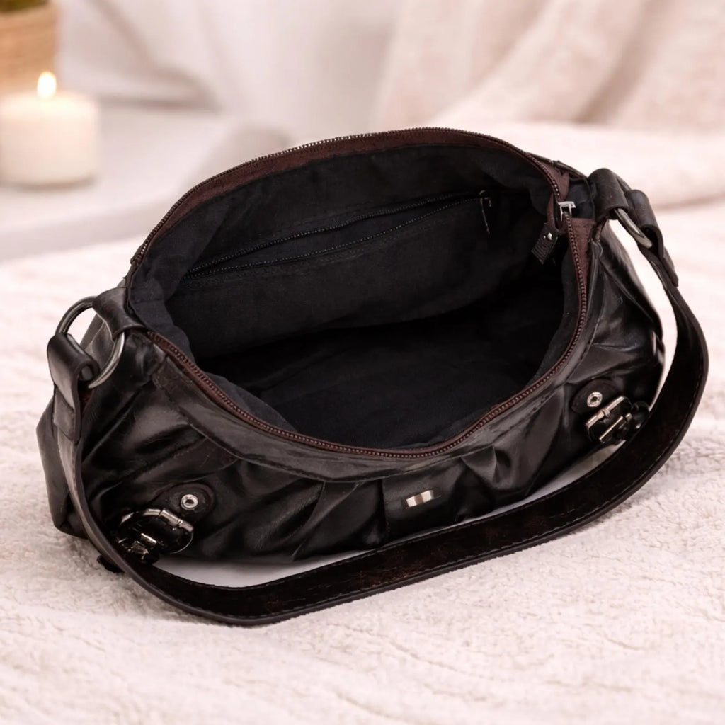 Y2K Ruched Black Faux Leather Buckle Baguette Shoulder Crossbody Bag