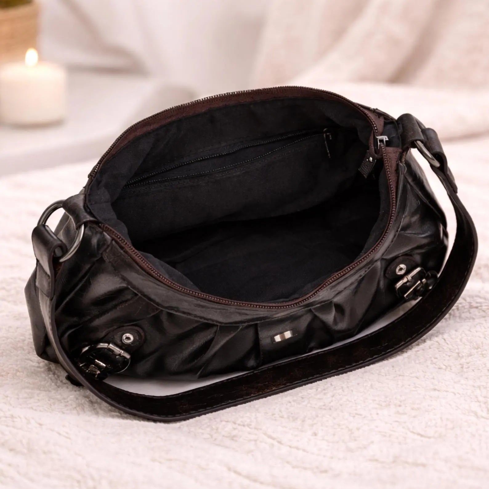 Y2K Ruched Black Faux Leather Buckle Baguette Shoulder Crossbody Bag
