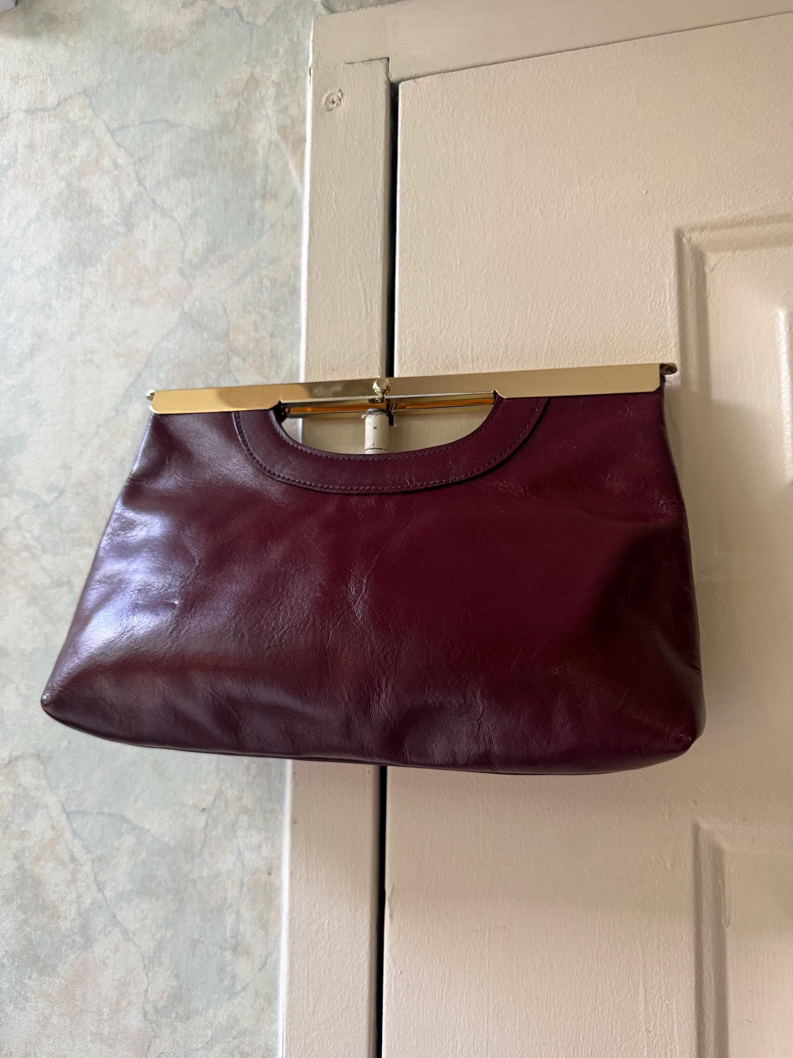 Vintage Burgundy Leather Gold Frame Kiss Lock Clutch Bag