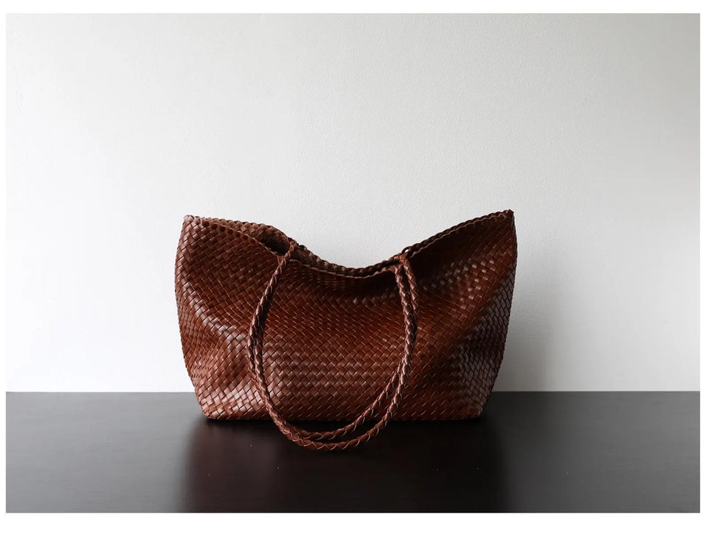 Minimalist Hand Woven Soft Sheepskin Leather Shoulder Crossbody Tote Bag