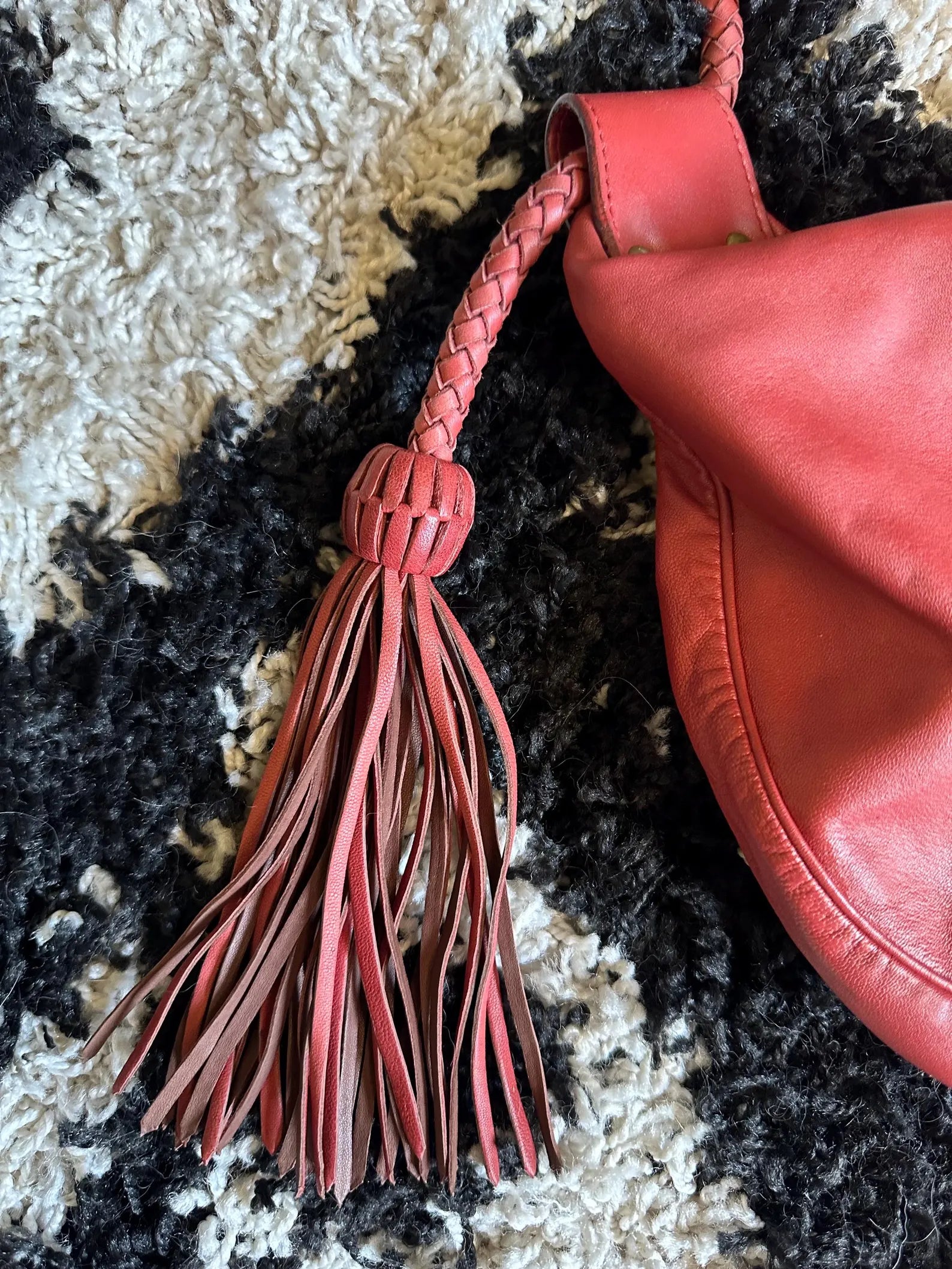 Retro Red Soft Leather Braided Tassel Knot Hobo Shoulder Bag
