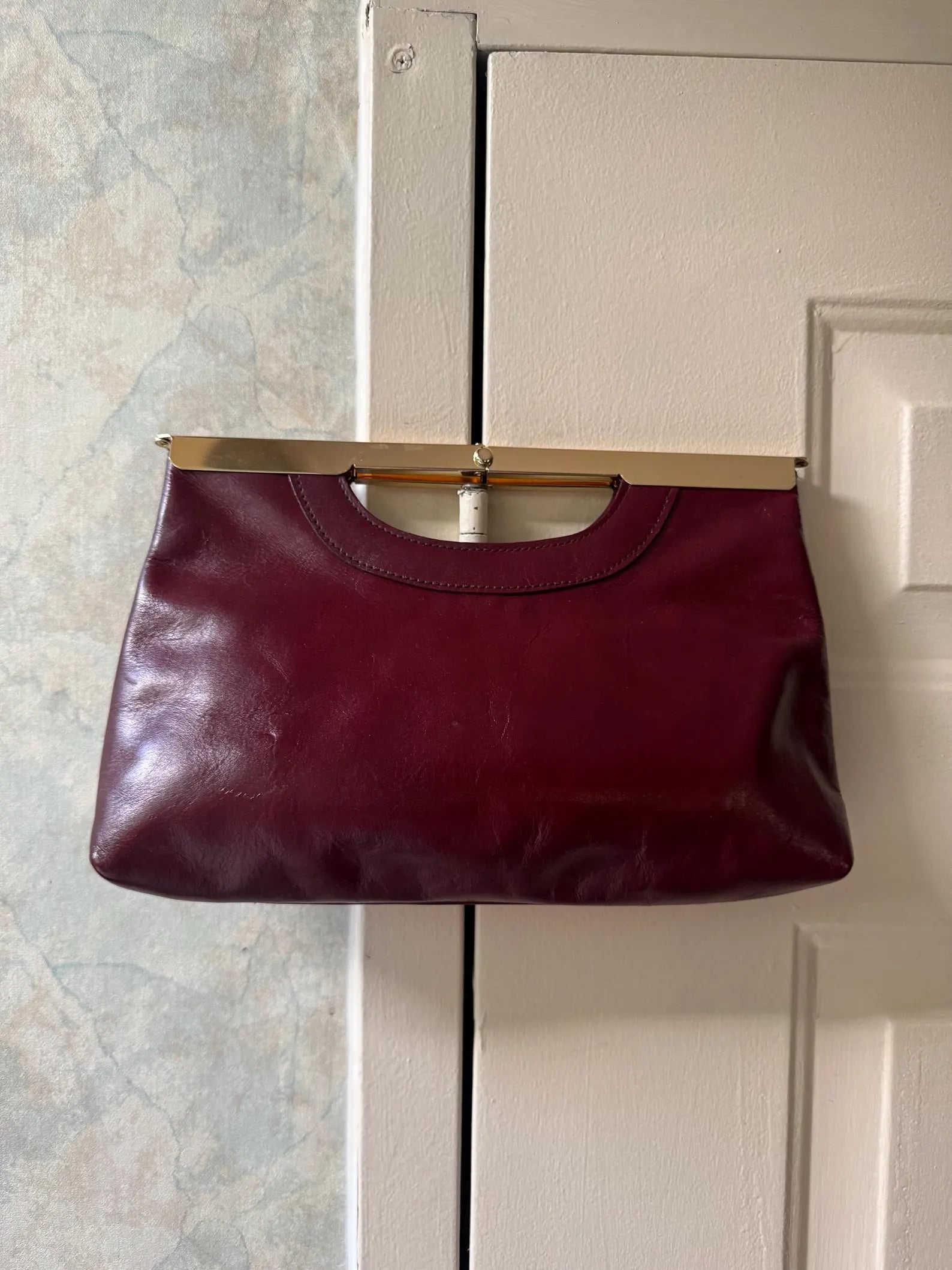 Vintage Burgundy Leather Gold Frame Kiss Lock Clutch Bag