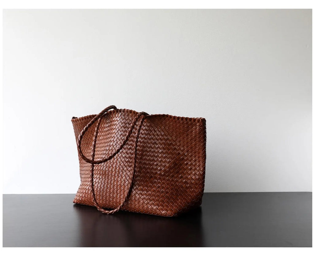 Minimalist Hand Woven Soft Sheepskin Leather Shoulder Crossbody Tote Bag