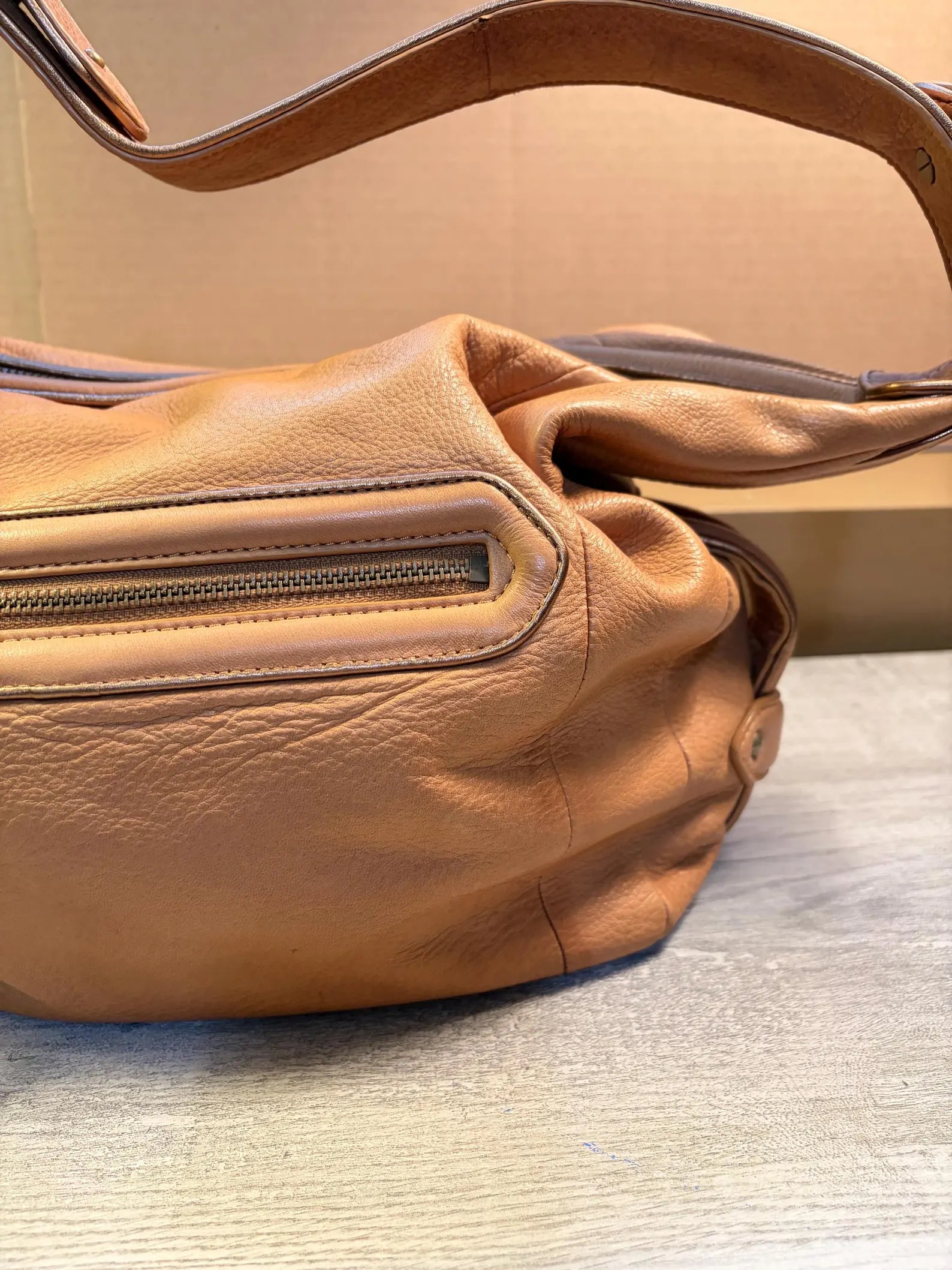 Vintage Tan Soft Pebble Leather Slouchy Hobo Shoulder Bag