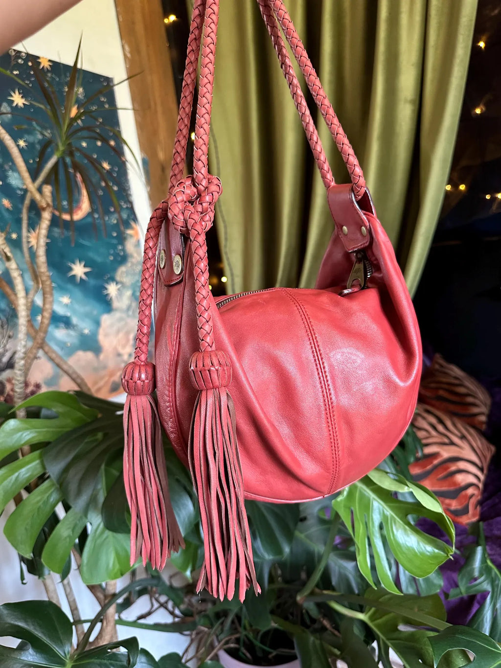 Retro Red Soft Leather Braided Tassel Knot Hobo Shoulder Bag