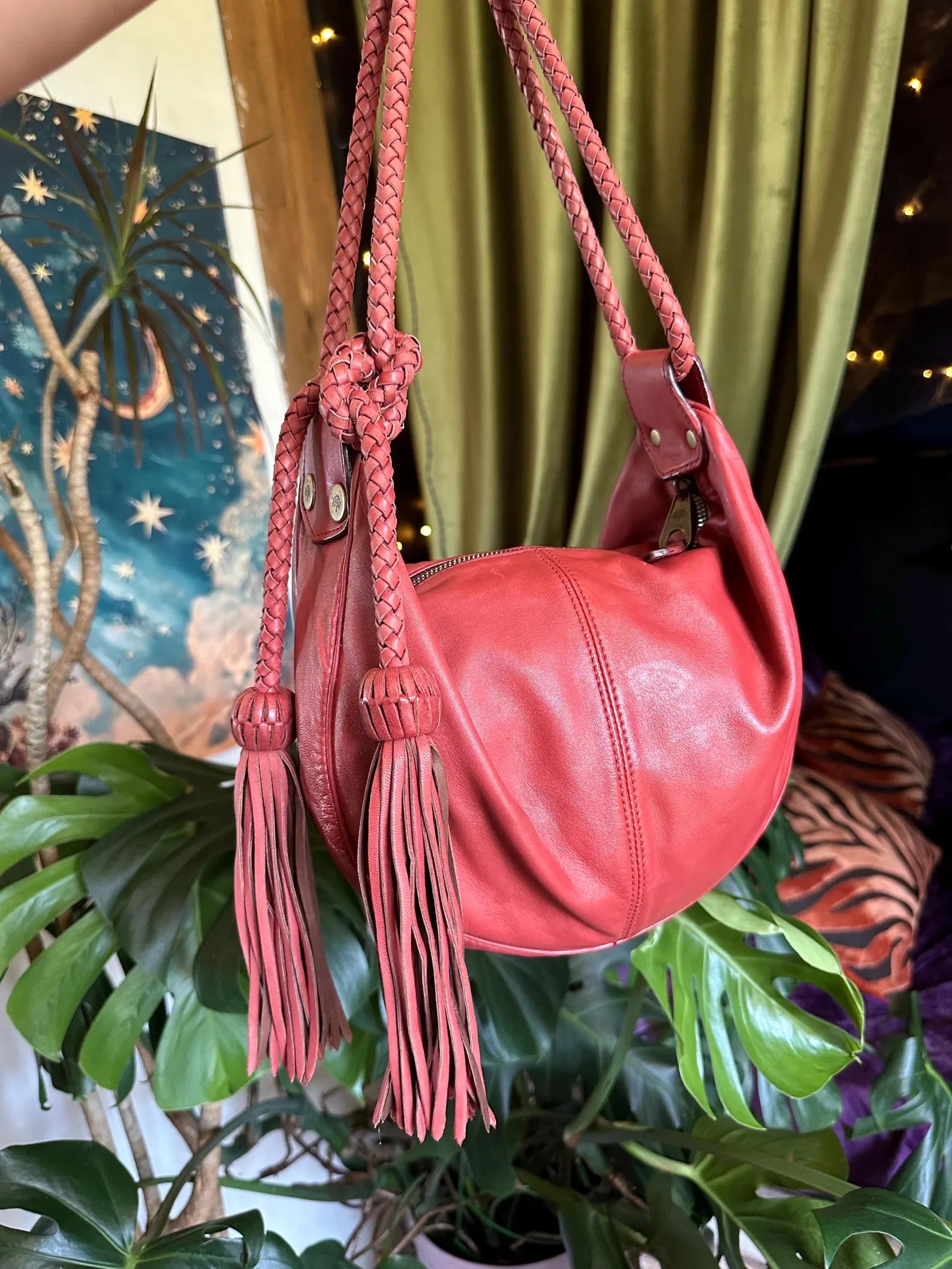 Retro Red Soft Leather Braided Tassel Knot Hobo Shoulder Bag