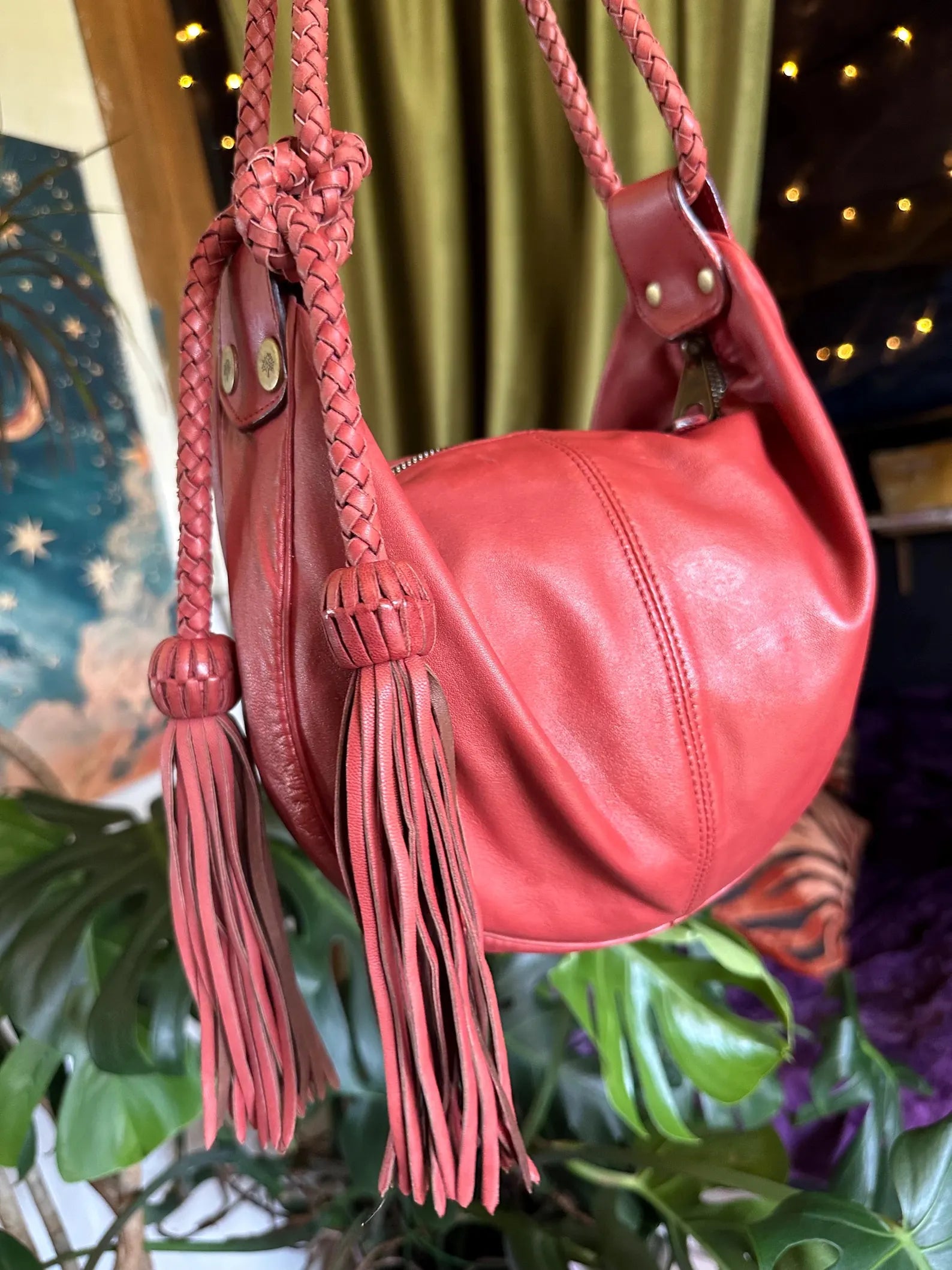 Retro Red Soft Leather Braided Tassel Knot Hobo Shoulder Bag