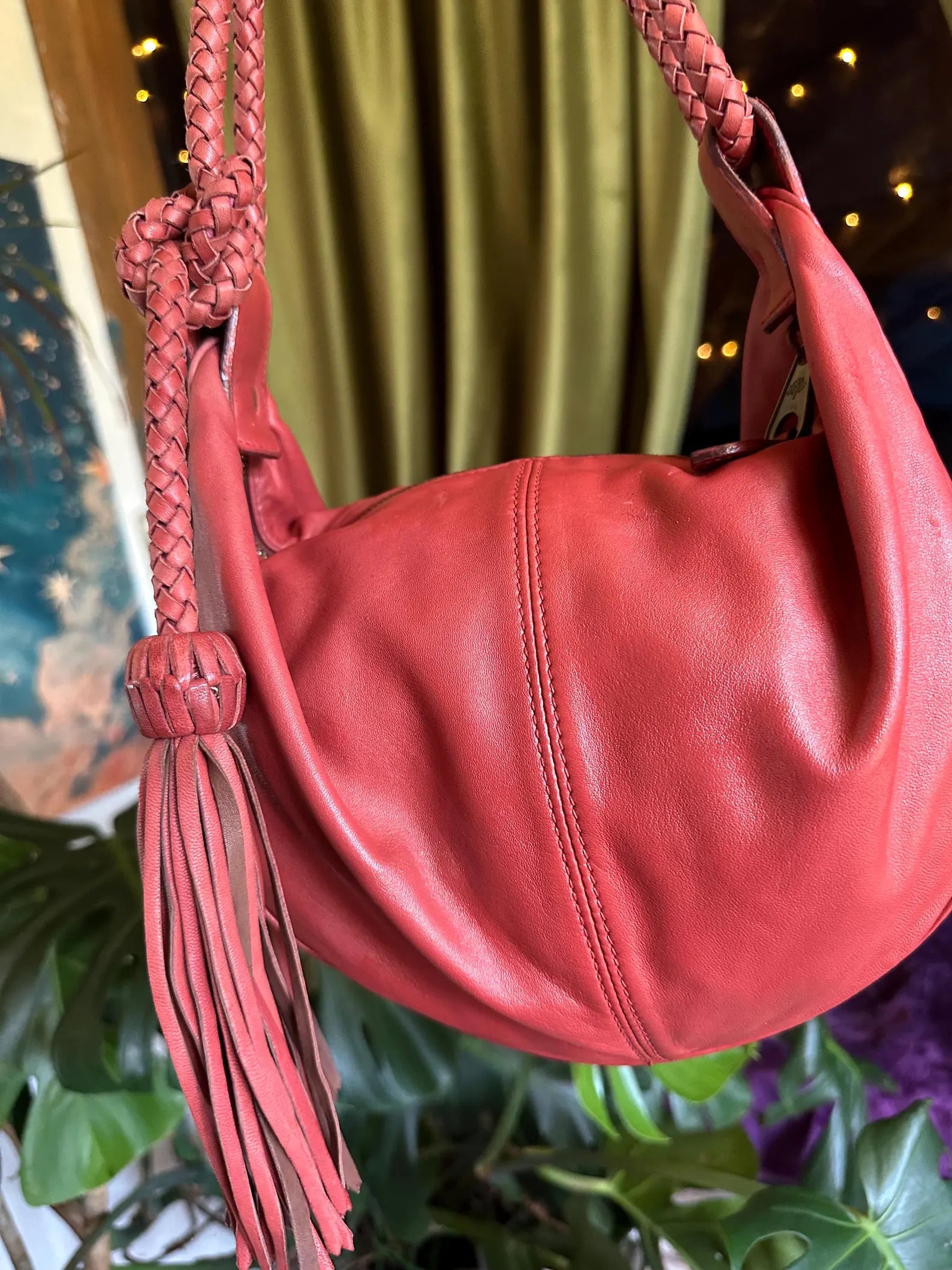 Retro Red Soft Leather Braided Tassel Knot Hobo Shoulder Bag
