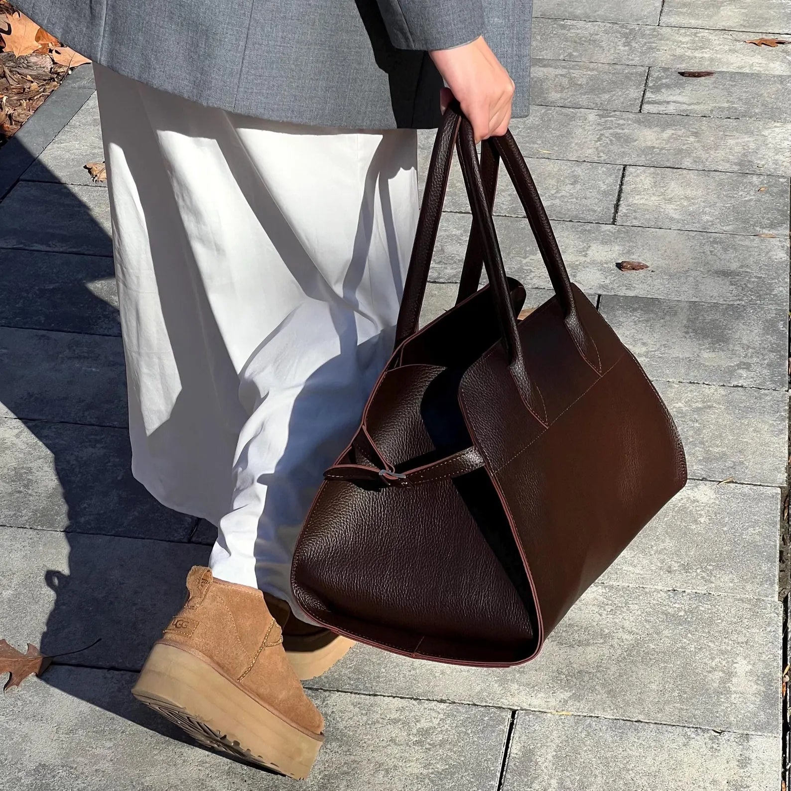 Minimalist Dark Pebble Leather Open Top Large Work Tote Bag