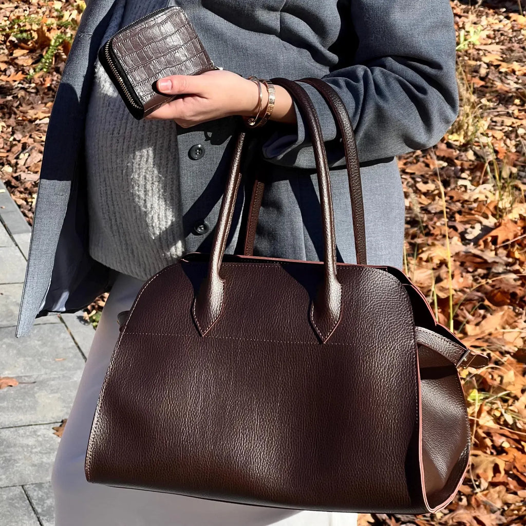 Minimalist Dark Pebble Leather Open Top Large Work Tote Bag