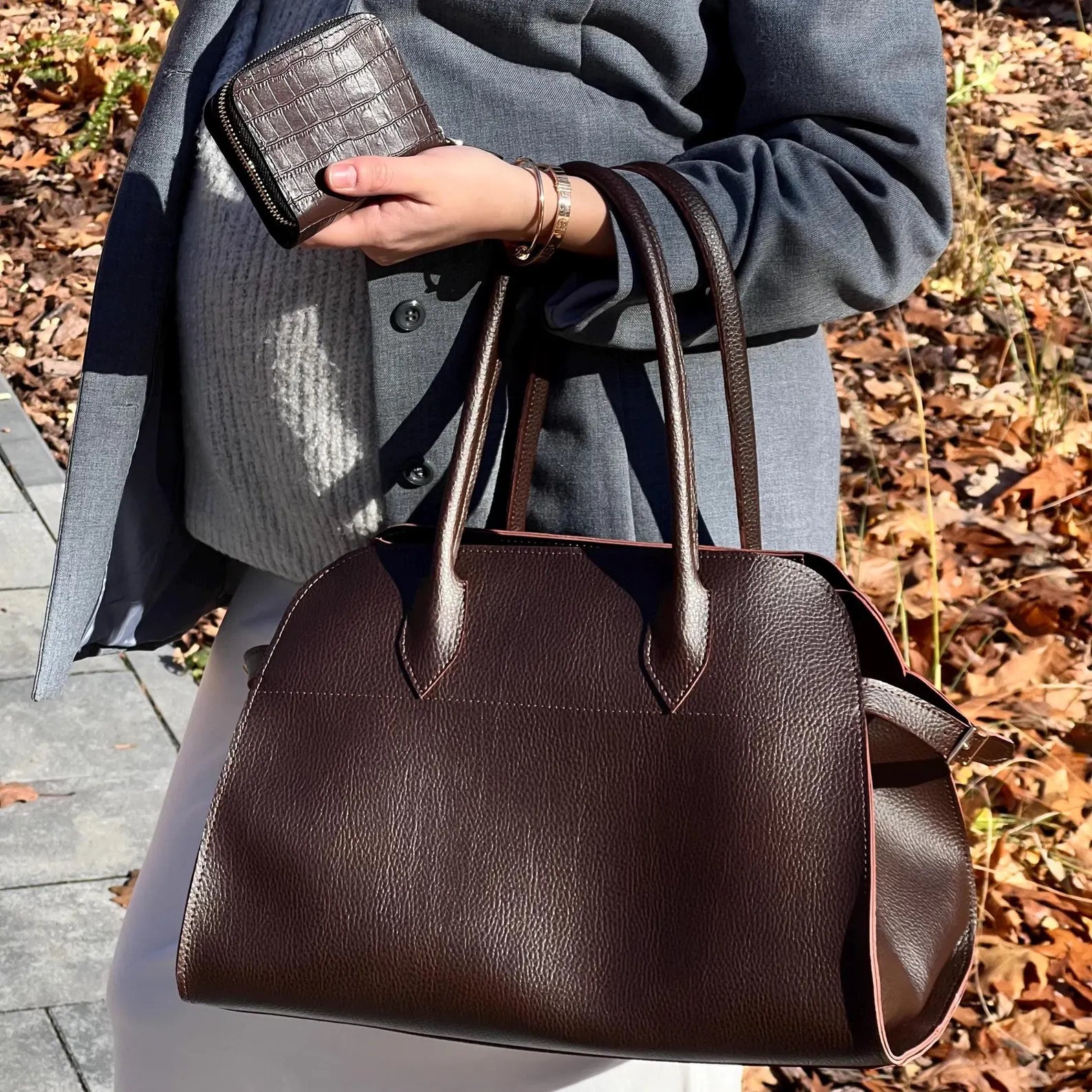 Minimalist Dark Pebble Leather Open Top Large Work Tote Bag
