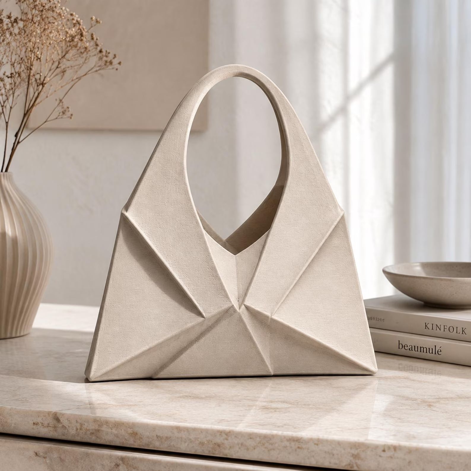 Elegant Origami Geometric Linen Textured Structured Handheld Tote Bag