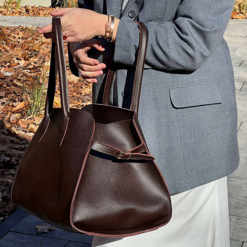 Minimalist Dark Pebble Leather Open Top Large Work Tote Bag