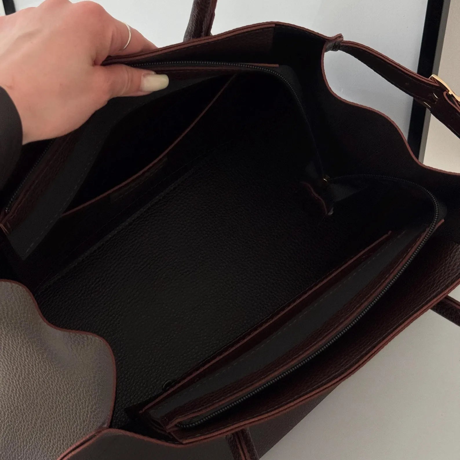 Minimalist Dark Pebble Leather Open Top Large Work Tote Bag